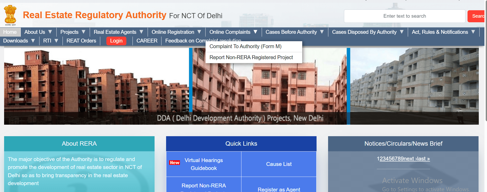 RERA Delhi: Registration Process, Project Search & Complaint Filing Guide 4 Drop-down on RERA Delhi website showing options of “Complaint to Authority” and “Report Non-RERA Registered Project”