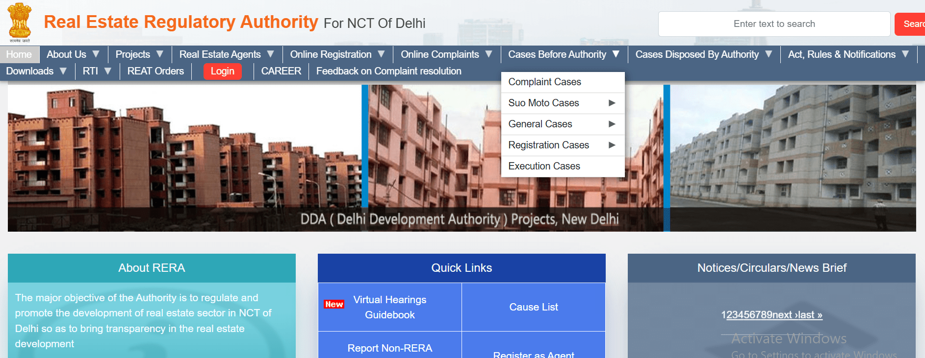 RERA Delhi: Registration Process, Project Search & Complaint Filing Guide 5 Drop-down menu options of “Cases before Authority” on Delhi RERA website